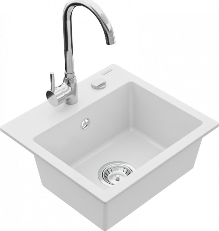 Zlewozmywak Mexen Milo granitowy 1-komorowy z baterią kuchenną Telma, biały - 6505-20-670200-00