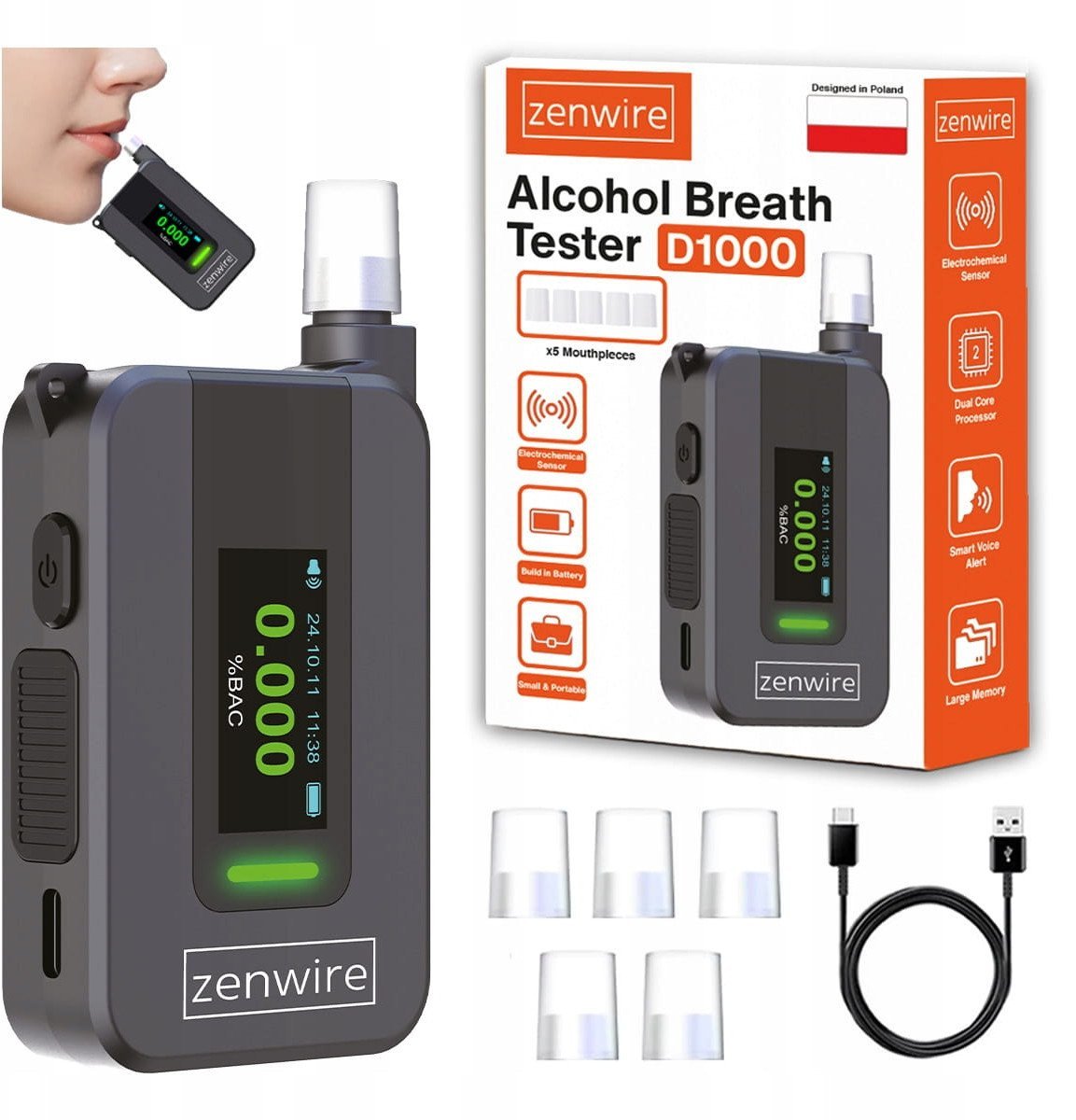 Alkomat Policyjny Elektrochemiczny AI Bezustnikowy Profesjonalny 6x Ustniki Zenwire D1000