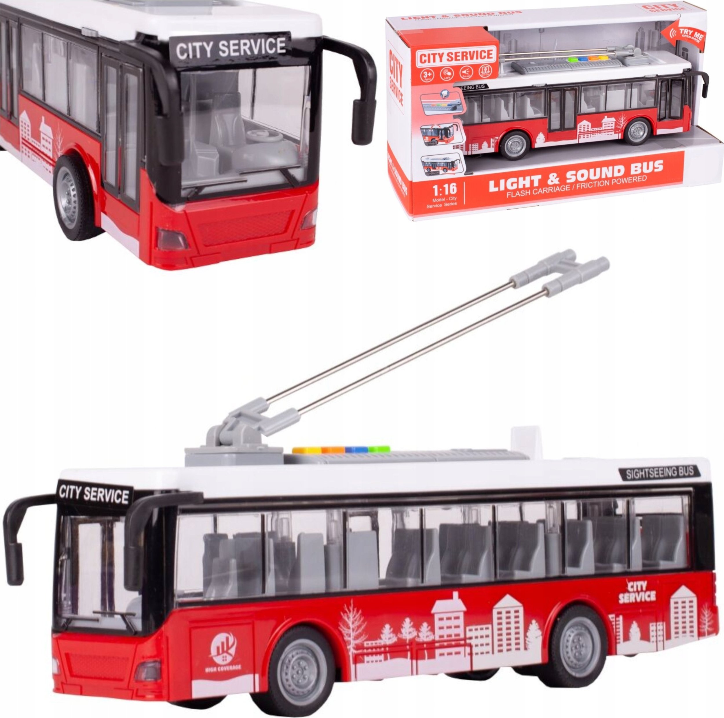 Duży czerwony trolejbus miejski otwierane drzwi dźwięki światła WY911A