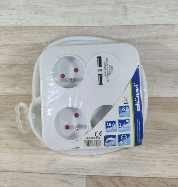 Przedłużacz Power Square 3 gniazda + 2xUSB (2,4A-12W) 1,4m 3x1,0mm OWY, biały 34105