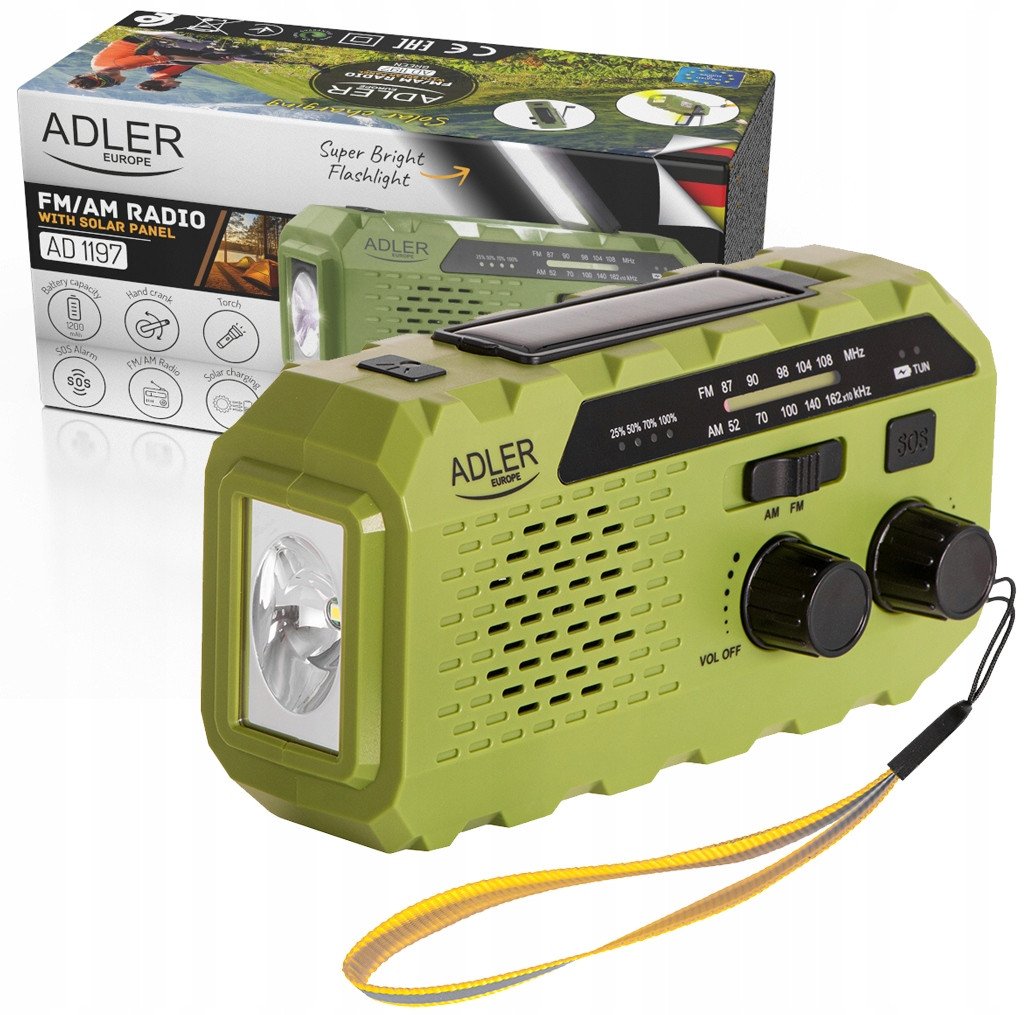 Radio solarne z korbką Adler AD 1197 G power bank, latarka