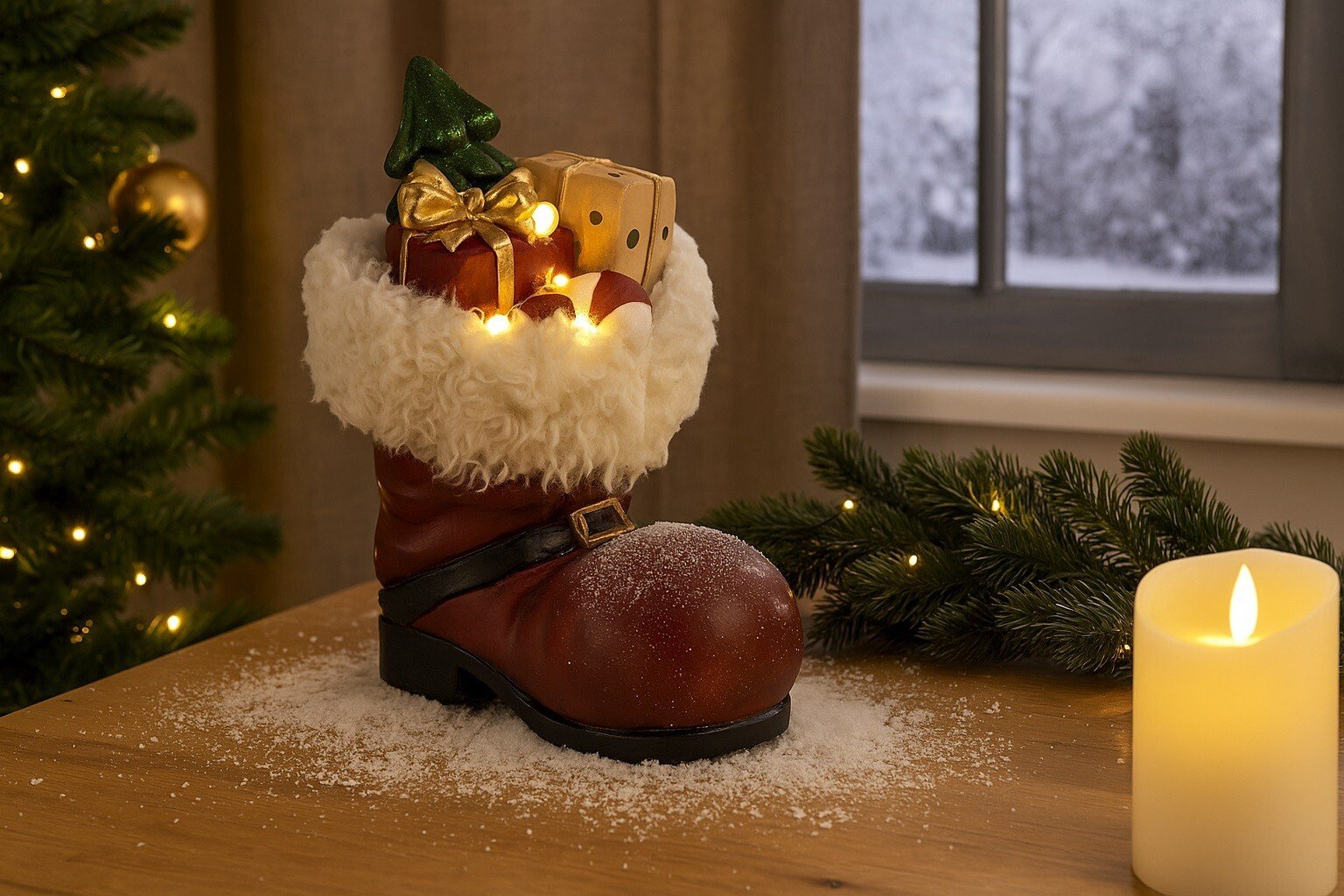 Ozdoba świąteczna But z prezentami LED 33,5 cm