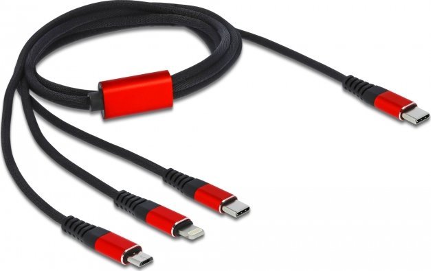 Kabel USB Delock USB-A - USB-C + micro-B + Lightning 1 m Czarno-czerwony (86711)