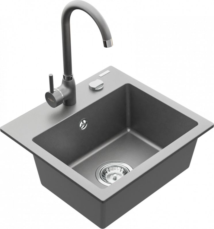 Zlewozmywak Mexen Mexen Milo zlewozmywak granitowy 1-komorowy z baterią kuchenną Telma, szary - 6505-71-670200-71