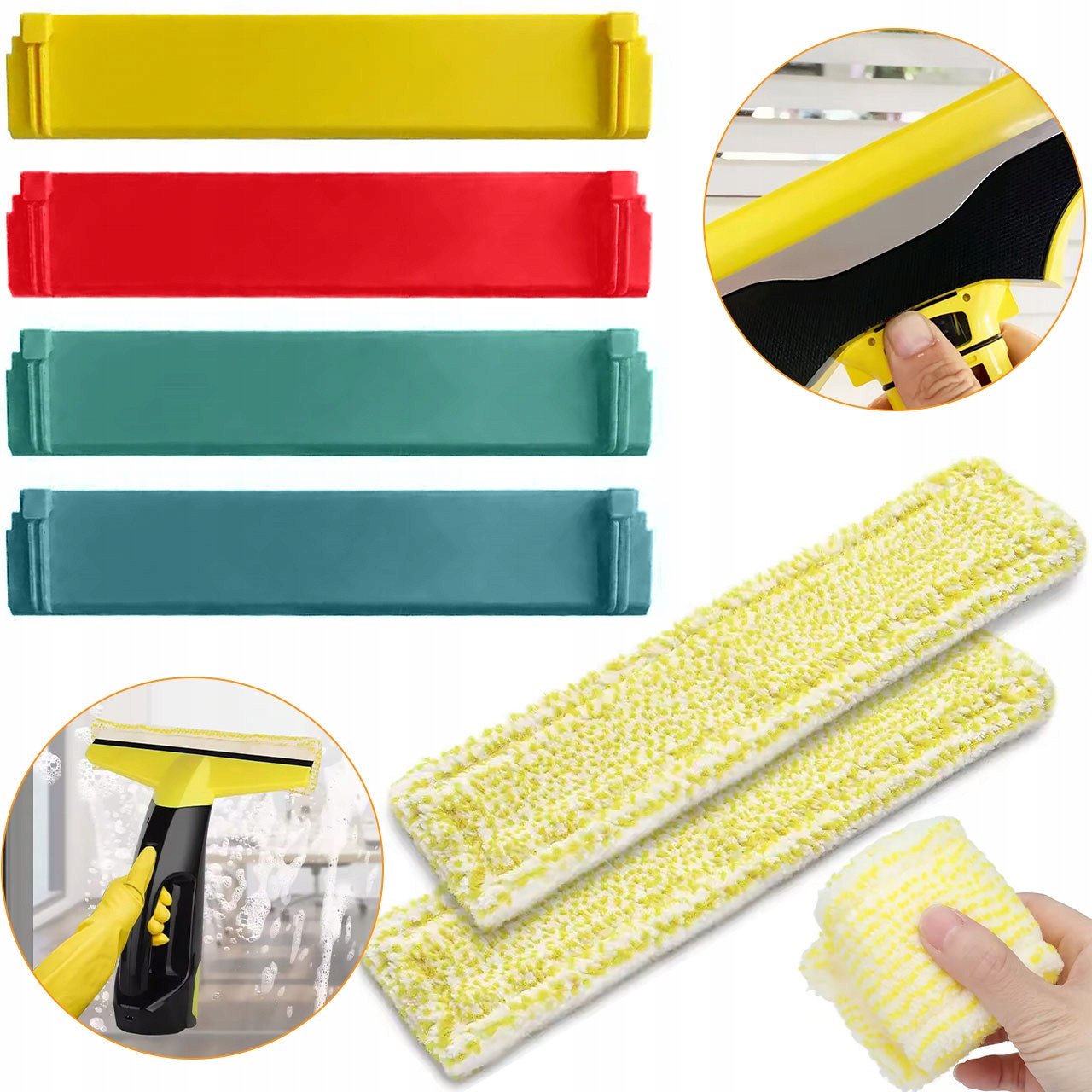 ZESTAW DO MYJKI OKIEN WV1 WV2 WV5 KARCHER 2 ŚCIERKI 4 LISTWY KOLOROWE 28CM