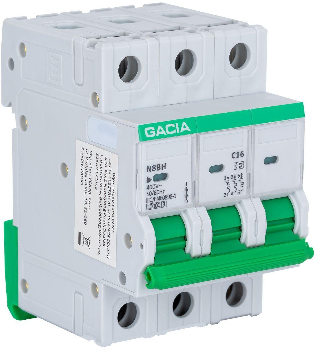Wyłącznik nadprądowy GACIA N8BH 10KA C 3P 16A