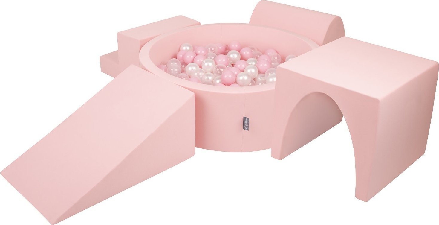 KiddyMoon Piankowy plac zabaw PPZP-OK30D-125 z piłeczkami różowy: pudrowy róż-perła-transparent basen 300/klin L/górka/tunel/schodek Zabawka plac zaba