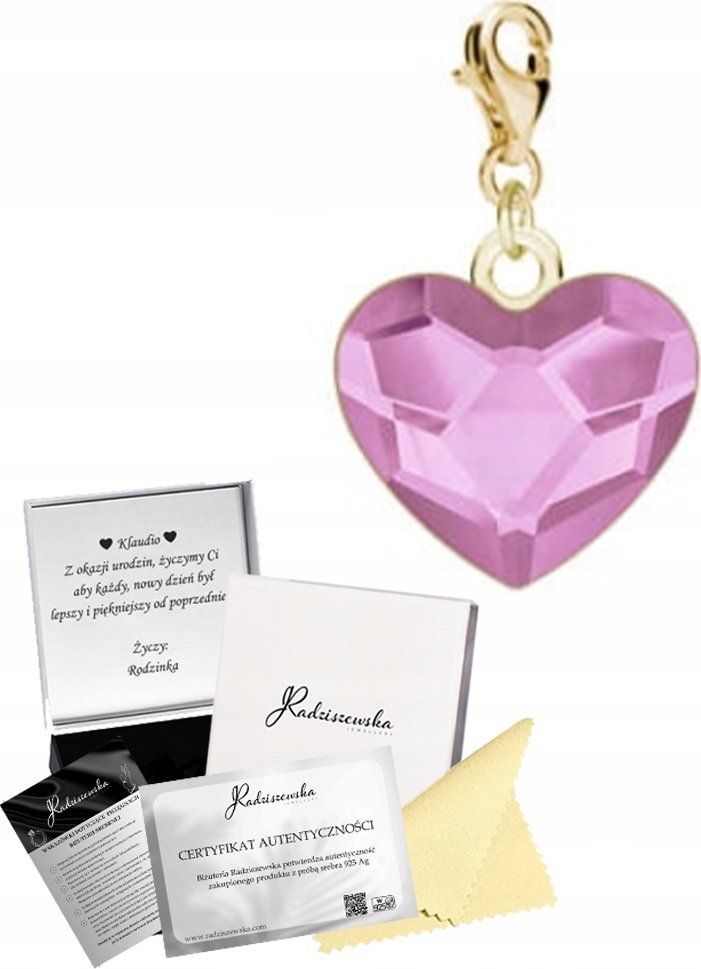 Radziszewska Jewellery Złoty Charms Zawieszka z Sercem Kryształowe Serduszko 925 DEDYKACJA GRATIS