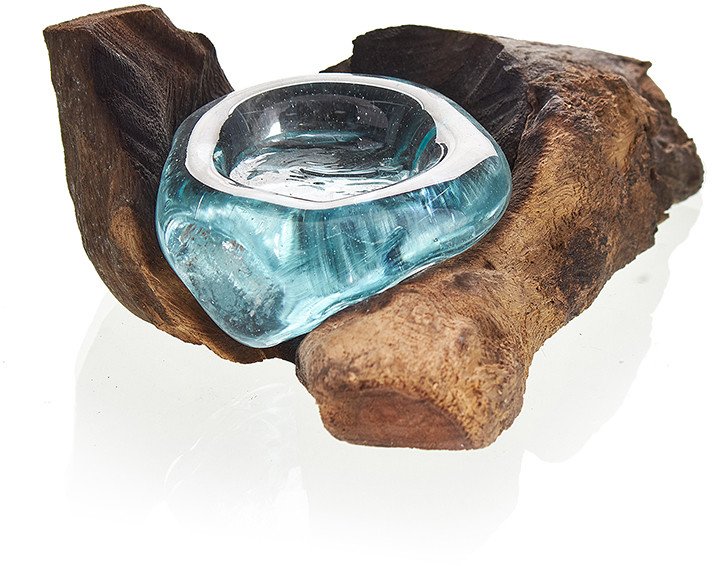 Szklany Świecznik Wtopiony w Drewno - Tealight