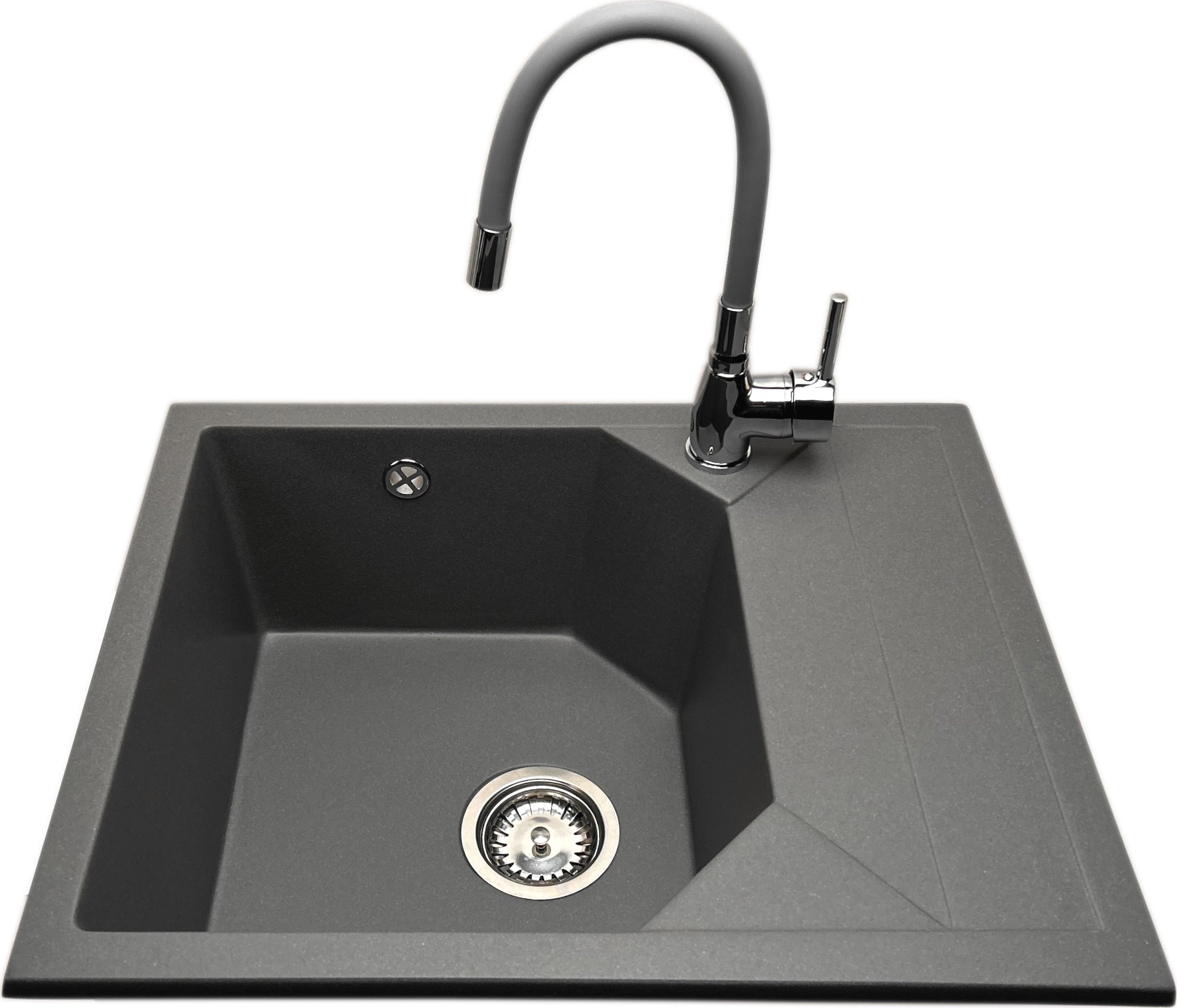 Zlewozmywak PREHNIT Zlewozmywak jednokomorowy z ociekaczem POLLO szary z prawym ociekaczem + bateria flex