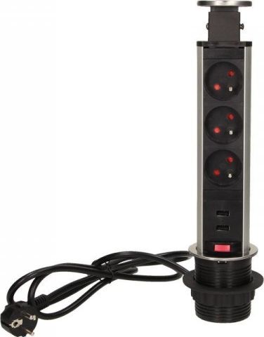 Orno Gniazdo meblowe, 3x250V AC wysuwane z blatu z ładowarką USB, blokadą i przewodem 1,8m