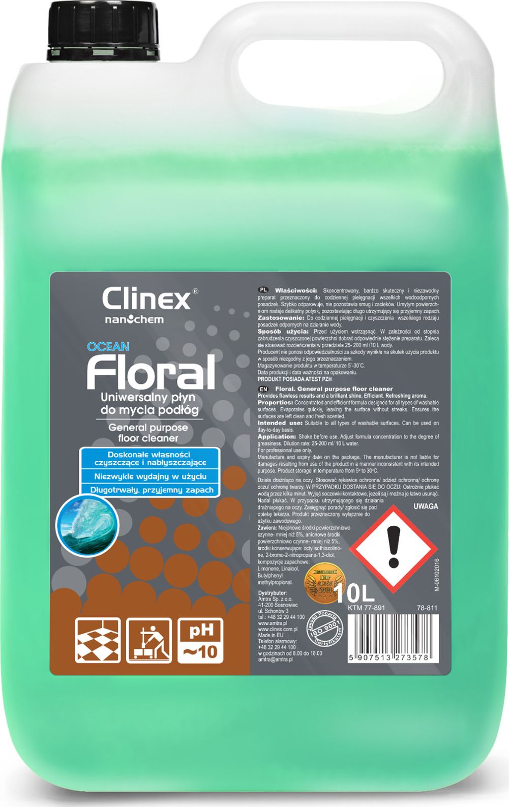 Clinex Płyn do mycia podłóg bez smug połysk zapach CLINEX Floral - Ocean 10L Płyn do mycia podłóg bez smug połysk zapach CLINEX Floral - Ocean 10L