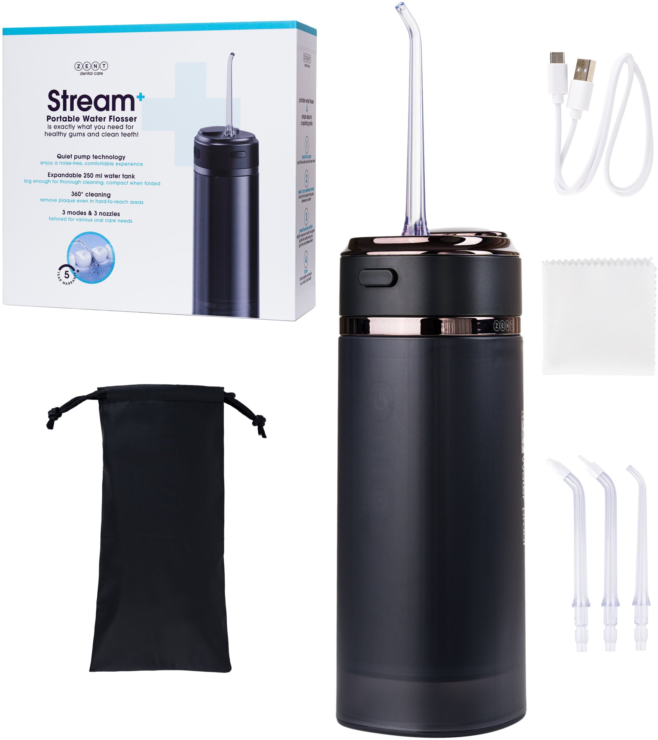 Irygator ZENT Stream+ bezprzewodowy PRO 360 Czarny