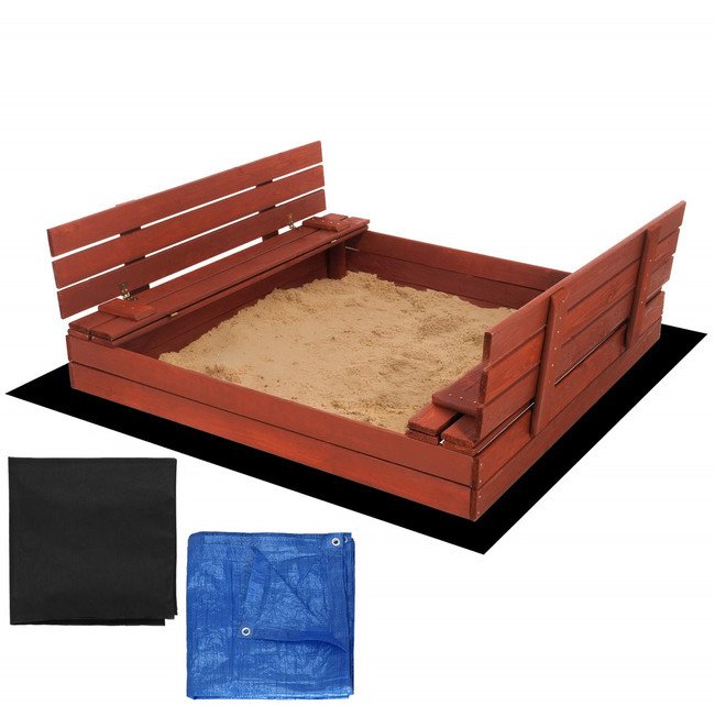 Piaskownica zamykana z ławkami 140x140 cm drewno impregnowane, z włókniną i plandeką, kasztanowy brąz UNIWERSALNY