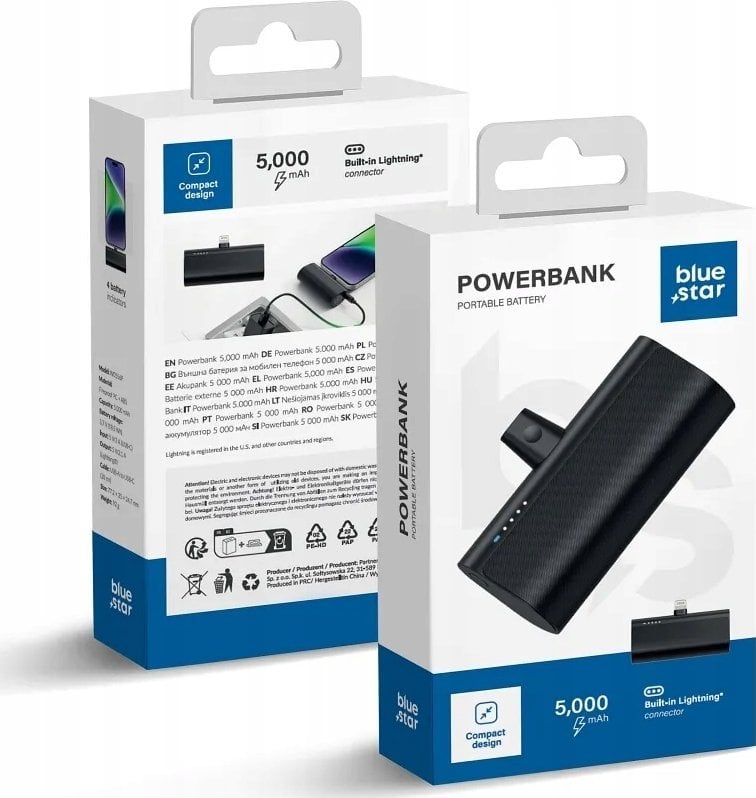 BLUE STAR powerbank 5000 mAh z wbudowanym złączem Lightning 2,1A W0556P czarny
