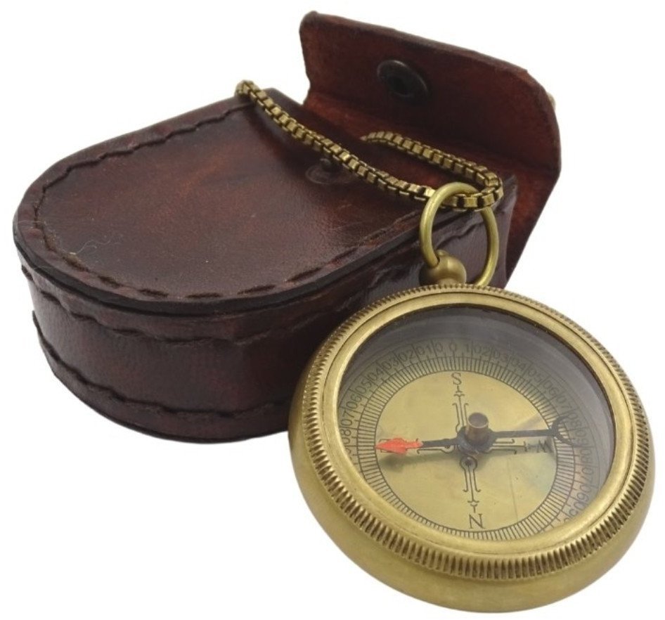 Kompas mosiężny z łańcuszkiem w skórzanym etui - Com-0470A