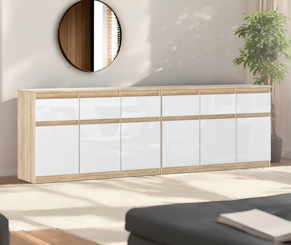Komoda Do Salonu Duża Szafka Z 5 Szufladami 240cm Dąb Sonoma Biały Połysk