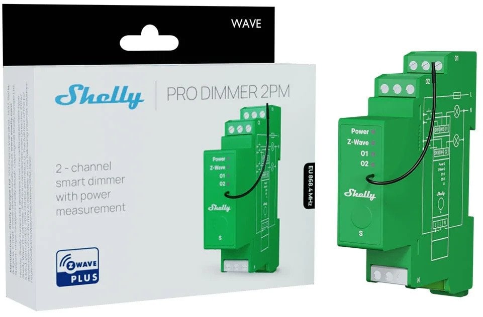 Shelly Wave Pro Dimmer 2PM – Ściemniacz oświetlenia Z-Wave, 2 kanały, bezprzewodowy do LED i halogenów, montaż na szynie DIN