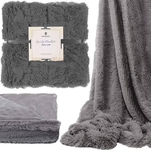 Springos Narzuta na łóżko, pled 220x240 cm dwustronny koc na kanapę grafitowy UNIWERSALNY