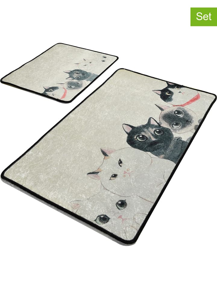 Dywaniki łazienkowe (2 szt.) "Angry Cats" w kolorze kremowo-szarym