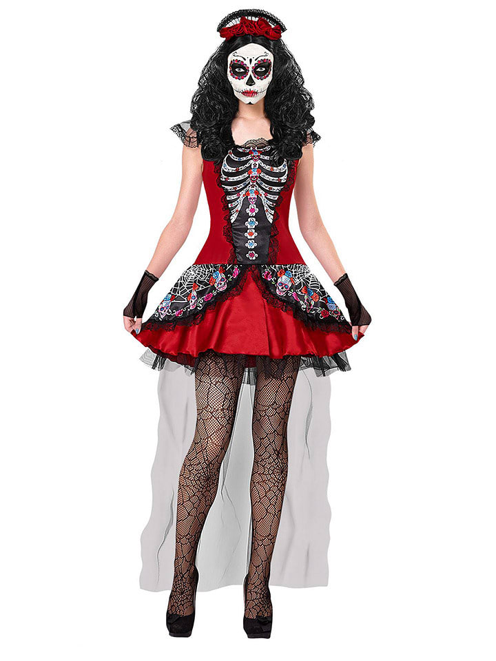 Carnival Party 3-częściowy kostium "MUJER DIA DE LOS MUERTOS" w kolorze czerwonym ze wzorem rozmiar: L