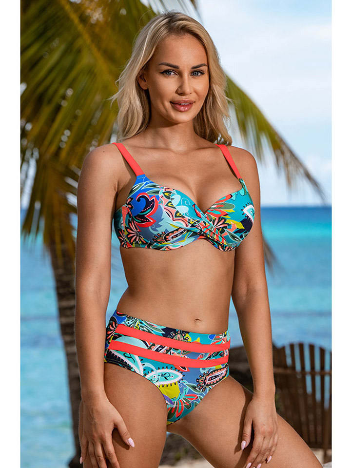 Bikini w kolorze koralowym ze wzorem