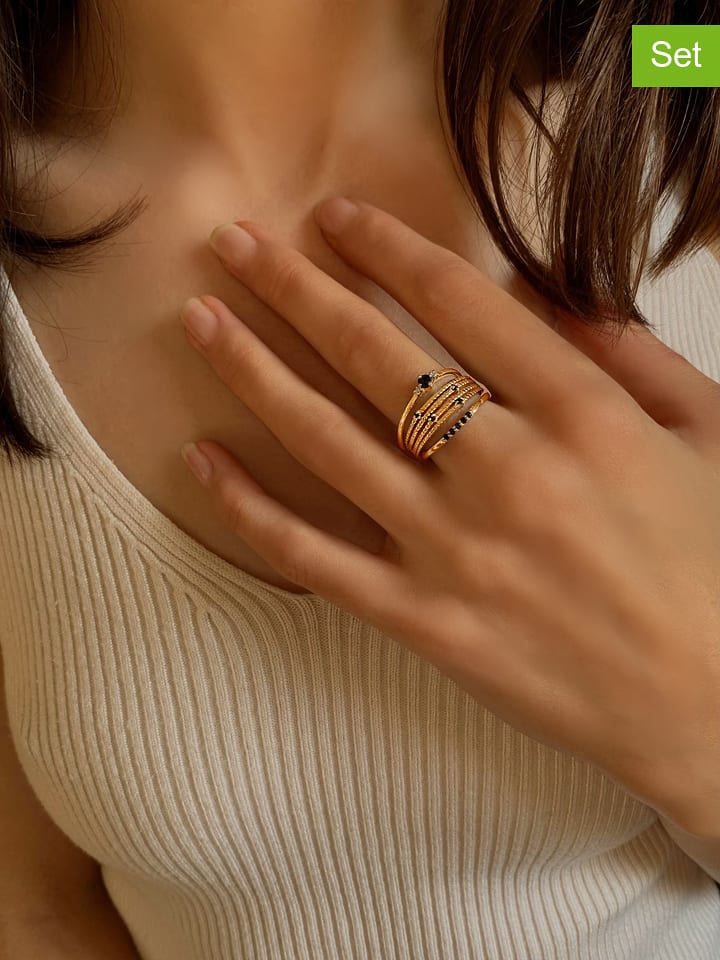 Les Petites Précieuses Pozłacane pierścionki (3 szt.) z cyrkoniami i szafirami rozmiar: 58