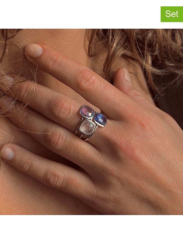 Les Petites Précieuses Srebrne pierścionki (3 szt.) z kamieniami szlachetnymi rozmiar: 56