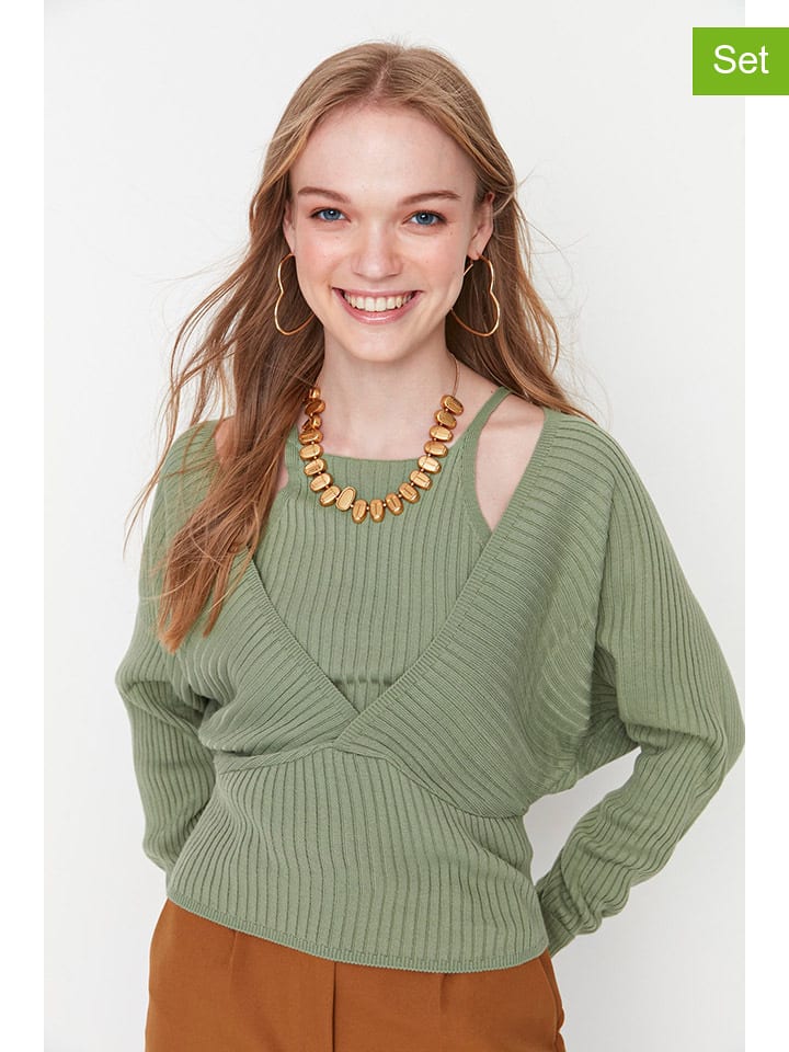 2-częściowy zestaw w kolorze khaki - top, sweter