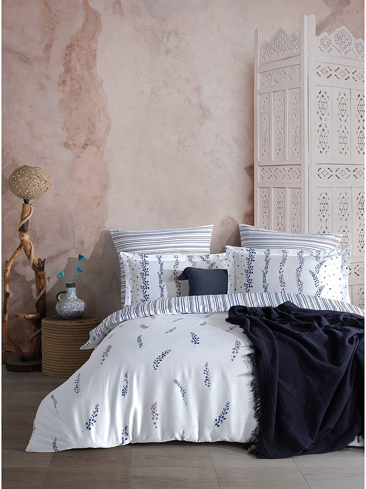Colorful Cotton Komplet pościeli satynowej w kolorze biało-granatowym rozmiar: 240x220 cm