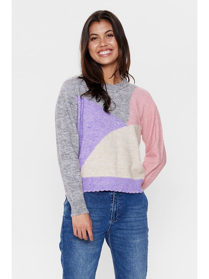 NÜMPH Sweter "Nuriette" w kolorze szaro-kremowo-jasnoróżowym rozmiar: M/L