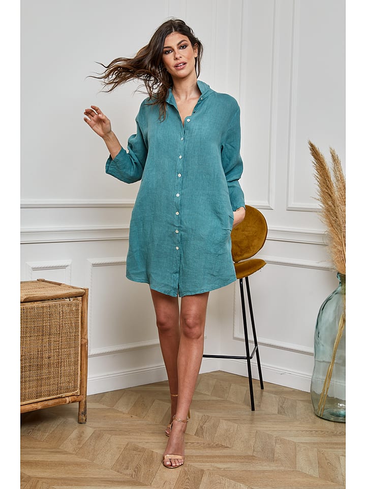 Lniana sukienka w kolorze turkusowym