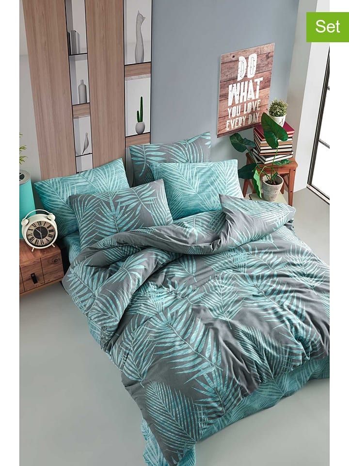 Komplet pościeli renforcé "Palm" w kolorze szaro-miętowym
