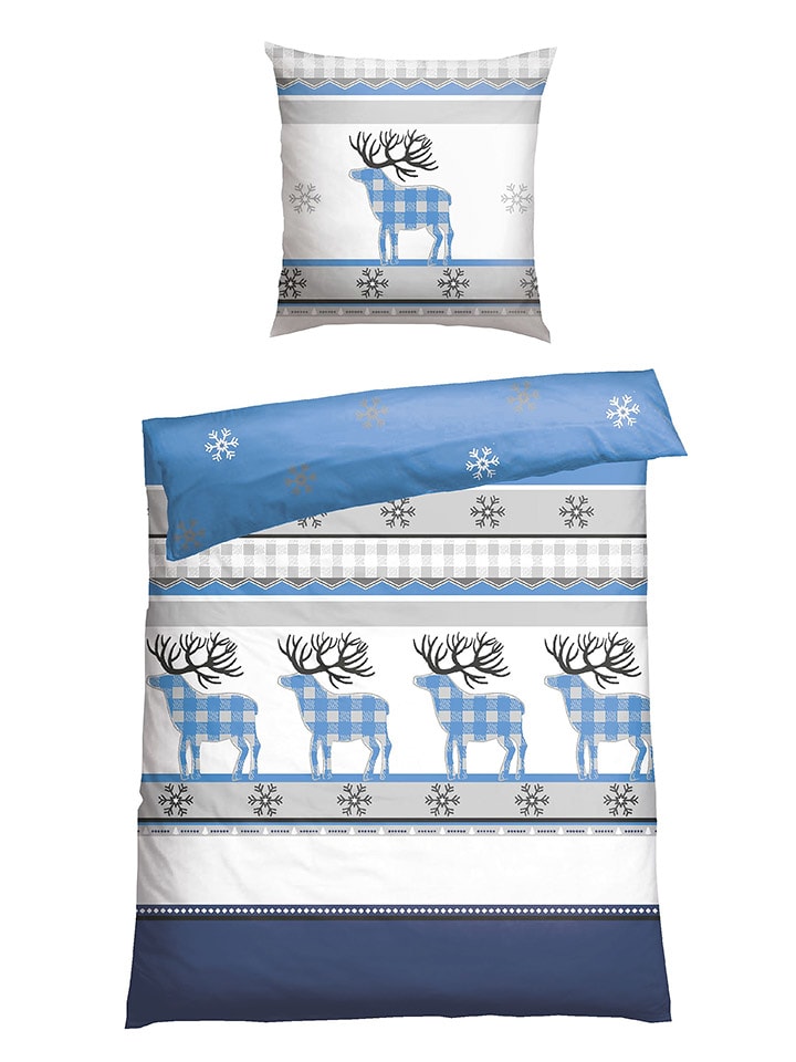 Schiesser Komplet pościeli flanelowej "Verda" w kolorze niebiesko-białym rozmiar: 135x200 cm