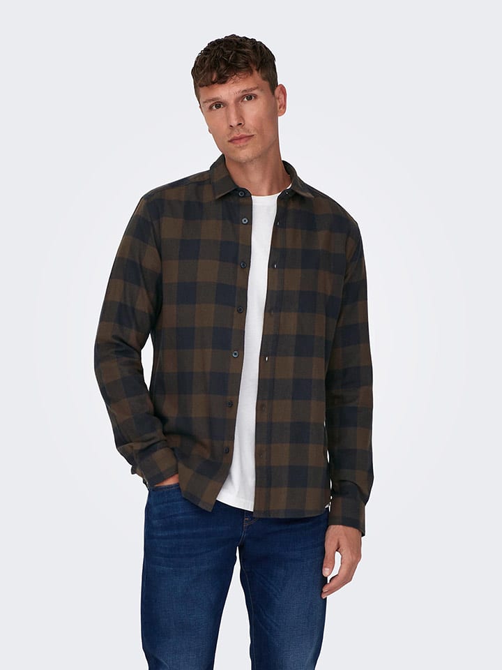 ONLY & SONS Koszula "Gudmund"- Slim fit - w kolorze brązowo-granatowym rozmiar: S