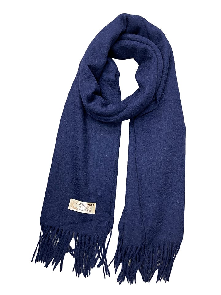 Wełniano-kaszmirowy szal w kolorze granatowym - 196 x 72 cm