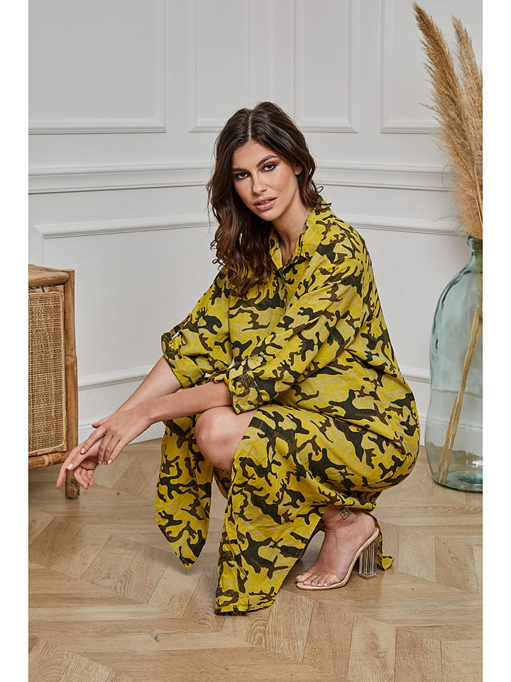 Lniana sukienka w kolorze oliwkowo-żółtym