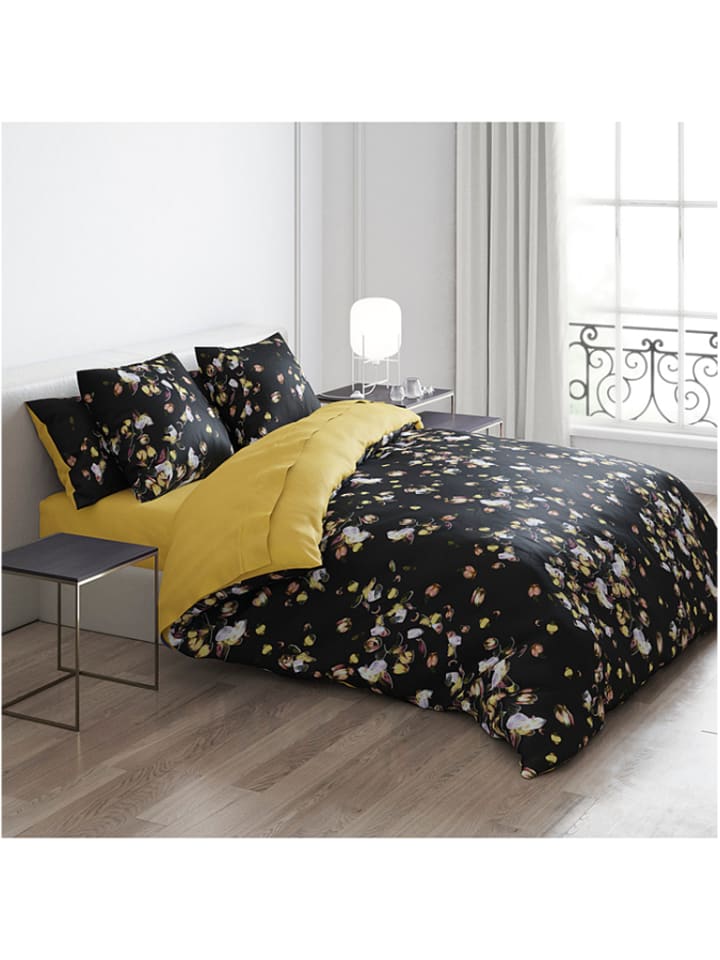 Cacharel Komplet pościeli satynowej "Aurore" w kolorze czarno-żółtym rozmiar: 200x200 cm