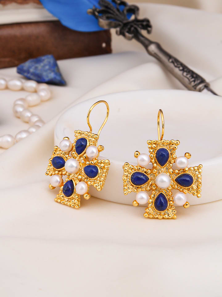 L'Atelier de Gaia Pozłacane kolczyki z perłami i lapis lazuli rozmiar: onesize