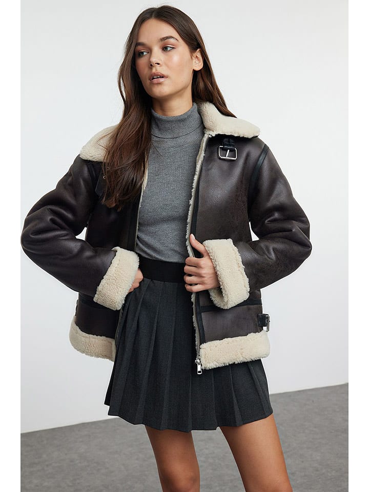 trendyol Kurtka zimowa w kolorze ciemnobrązowo-beżowym rozmiar: L