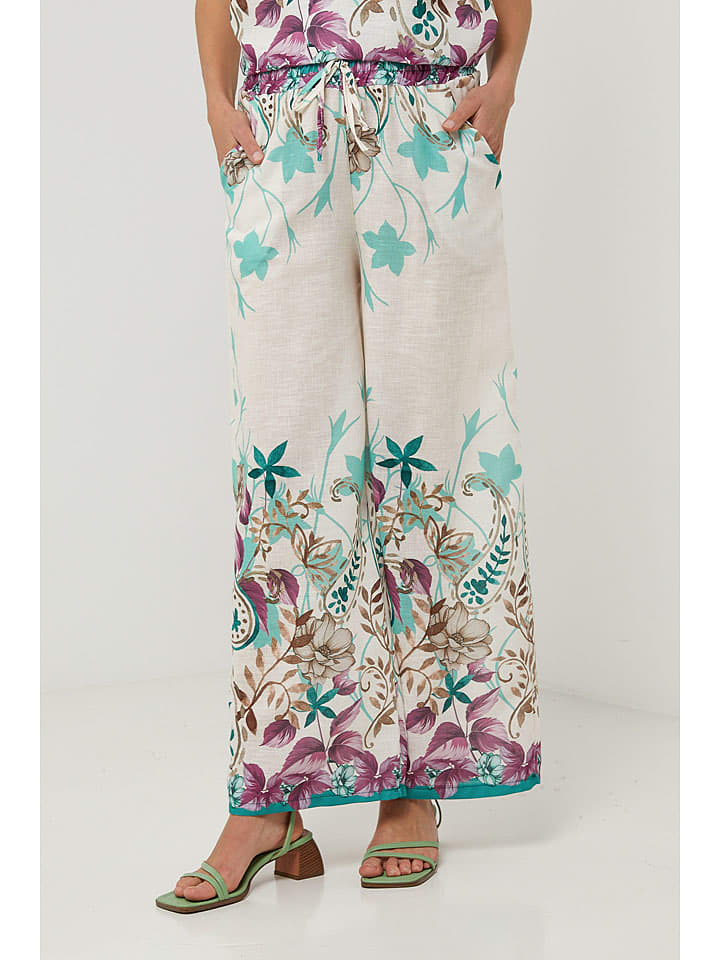 Lin Passion Spodnie w kolorze kremowym ze wzorem rozmiar: 38/40