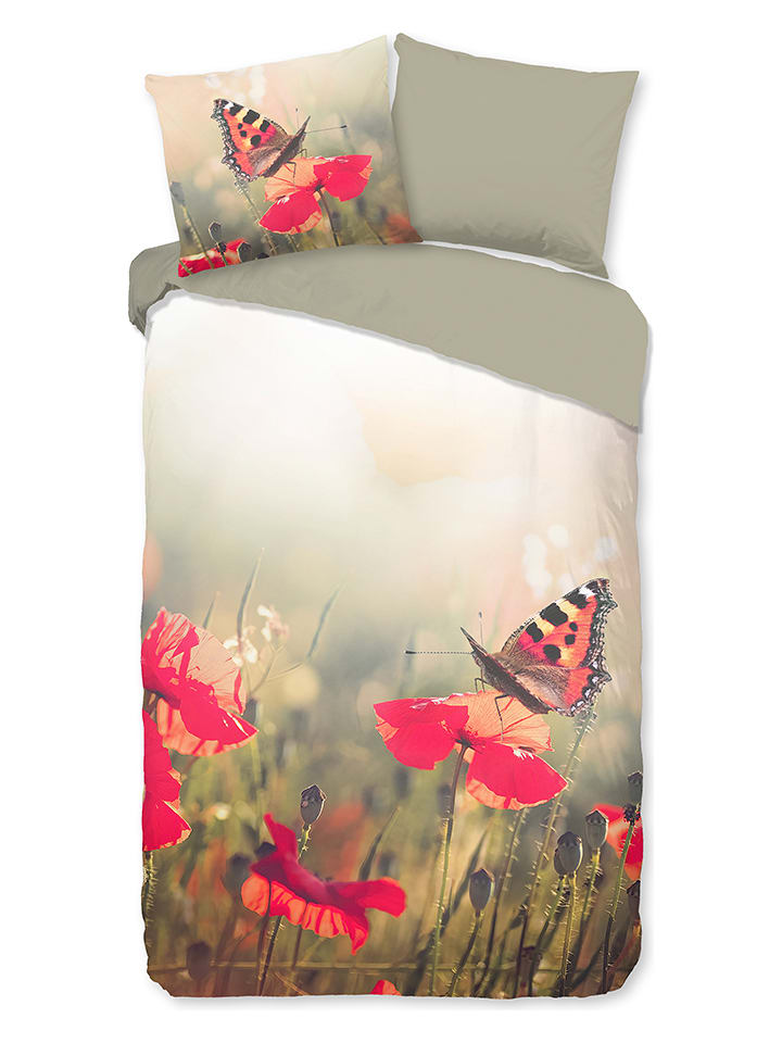 Good Morning Komplet pościeli "Poppies" w kolorze beżowo-zielonym rozmiar: 140x220 cm