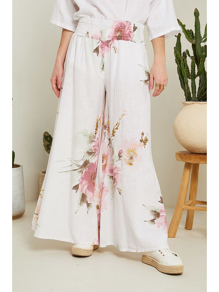 Le Monde du Lin Lniane spodnie w kolorze biało-jasnoróżowym rozmiar: 38/40