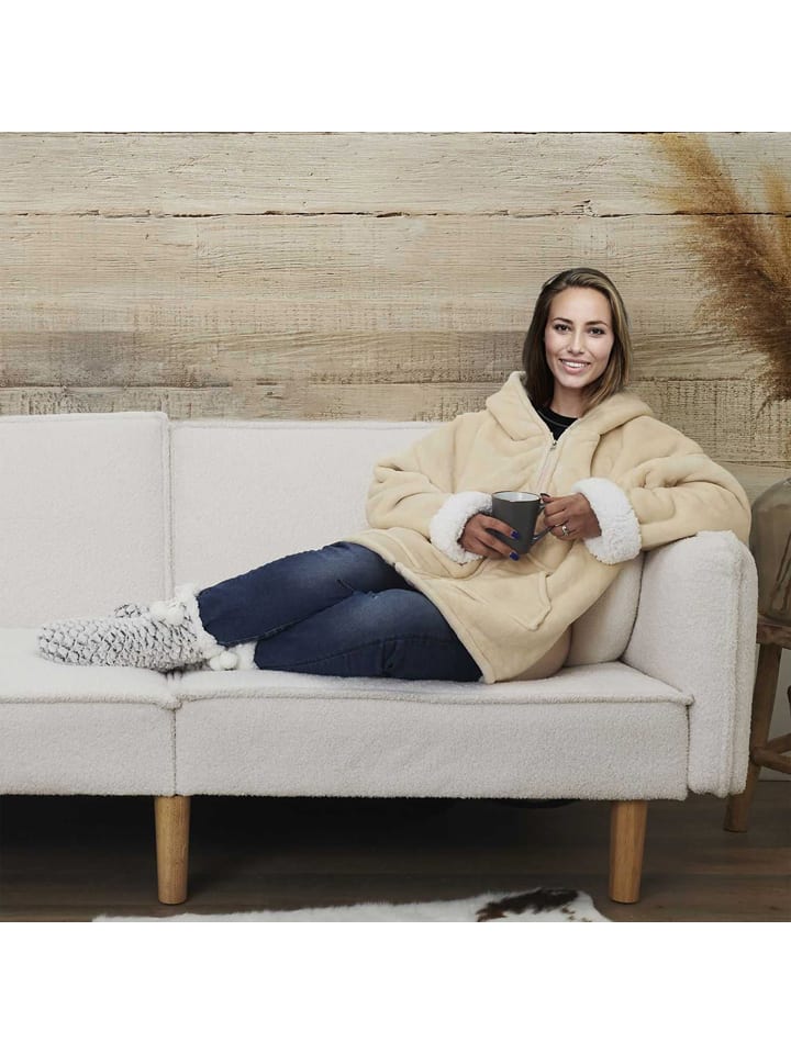 Koc w kolorze beżowym z rękawami - 118 x 85 cm