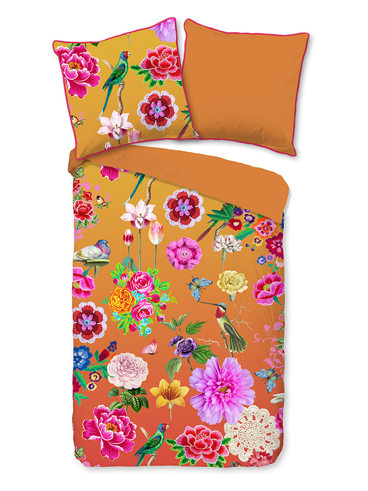 HAPPINESS Komplet pościeli perkalowej "Suzy" w kolorze żółto-różowym rozmiar: 155x220 cm