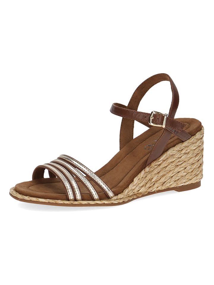 Caprice Skórzane sandały w kolorze złoto-brązowym na koturnie rozmiar: 39