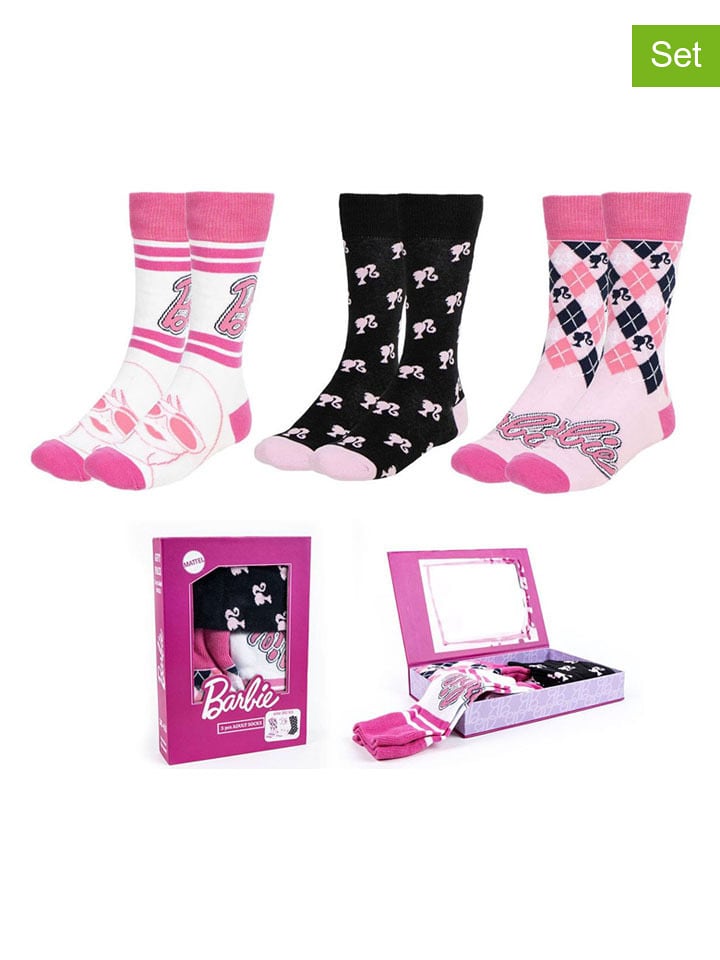 Lucky Socks Skarpety (3 pary) "Barbie" w kolorze biało-różowo-czarnym rozmiar: 36-43