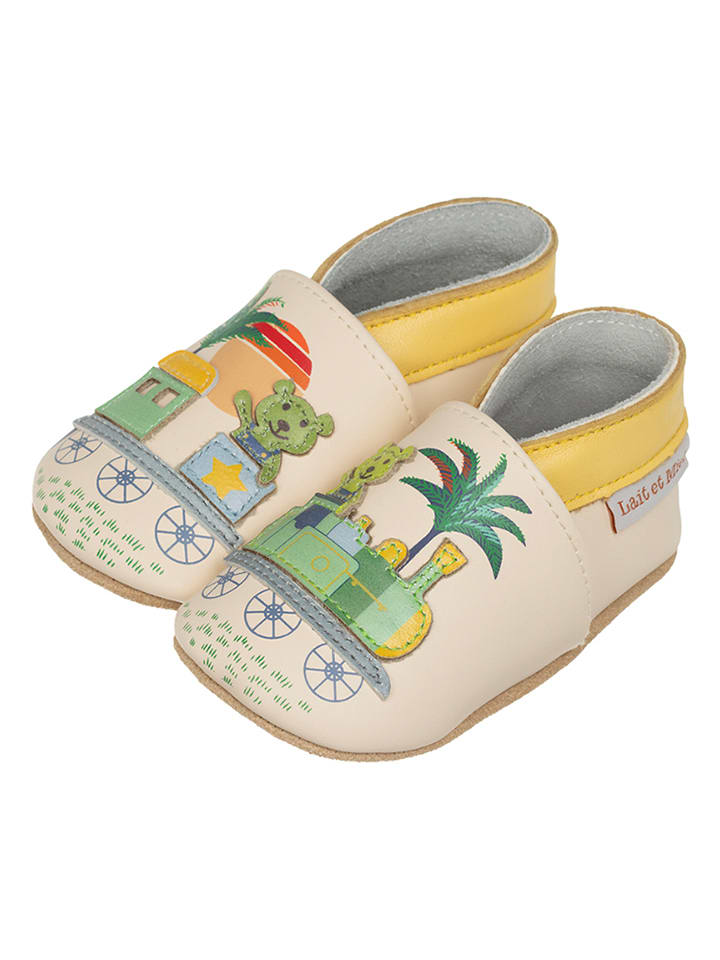 Lait et Miel Skórzane buty "Little train" w kolorze beżowym ze wzorem do raczkowania rozmiar: 23/24