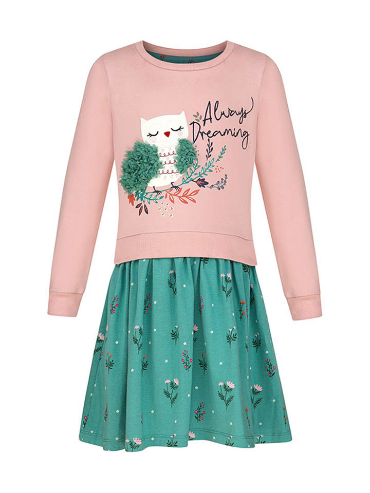 Sukienka w kolorze jasnoróżowo-turkusowym ze wzorem