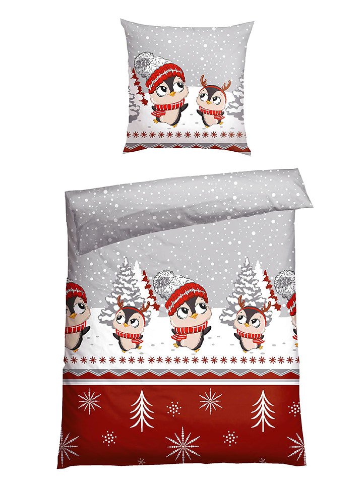 Schiesser Komplet pościeli flanelowej "Antoni" w kolorze szaro-czerwonym rozmiar: 135x200 cm